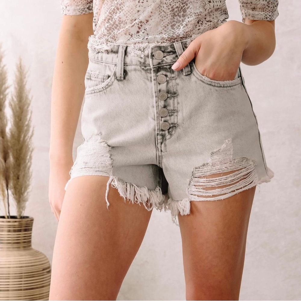 Vervet Small (Sz 0-3) Super High Rise Denim Shorts Gray Button Bleach Splatter
